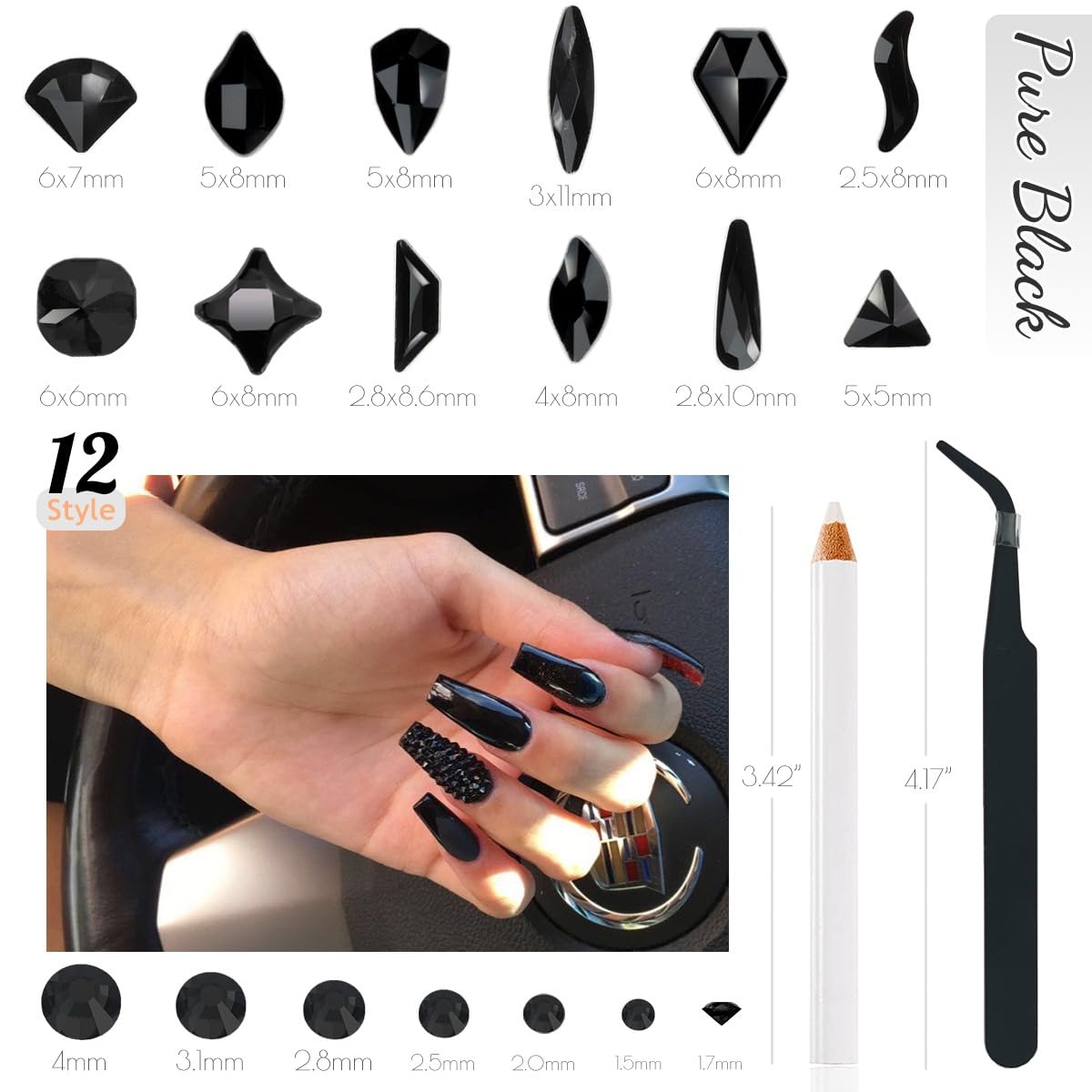 4080Pcs Black Nail Rhinestones Multi Shapes Flatback Jet Black Gems for Nails Round Beads K9 Glass Nail Crystals Stones Diamonds jewels Nail Art Supplies Charms for Nail Face Eyes Makeup Crafts