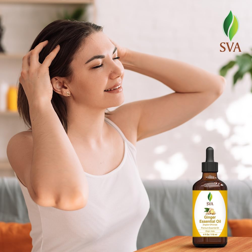 SVA Ginger Essential Oil – 4 Fl Oz – 100% Natural Ginger Oil - for Diffuser, Hair Care, Face, Skin Care, Aromatherapy, Scalp and Body Massage, Soap and Candle Making – with Dropper