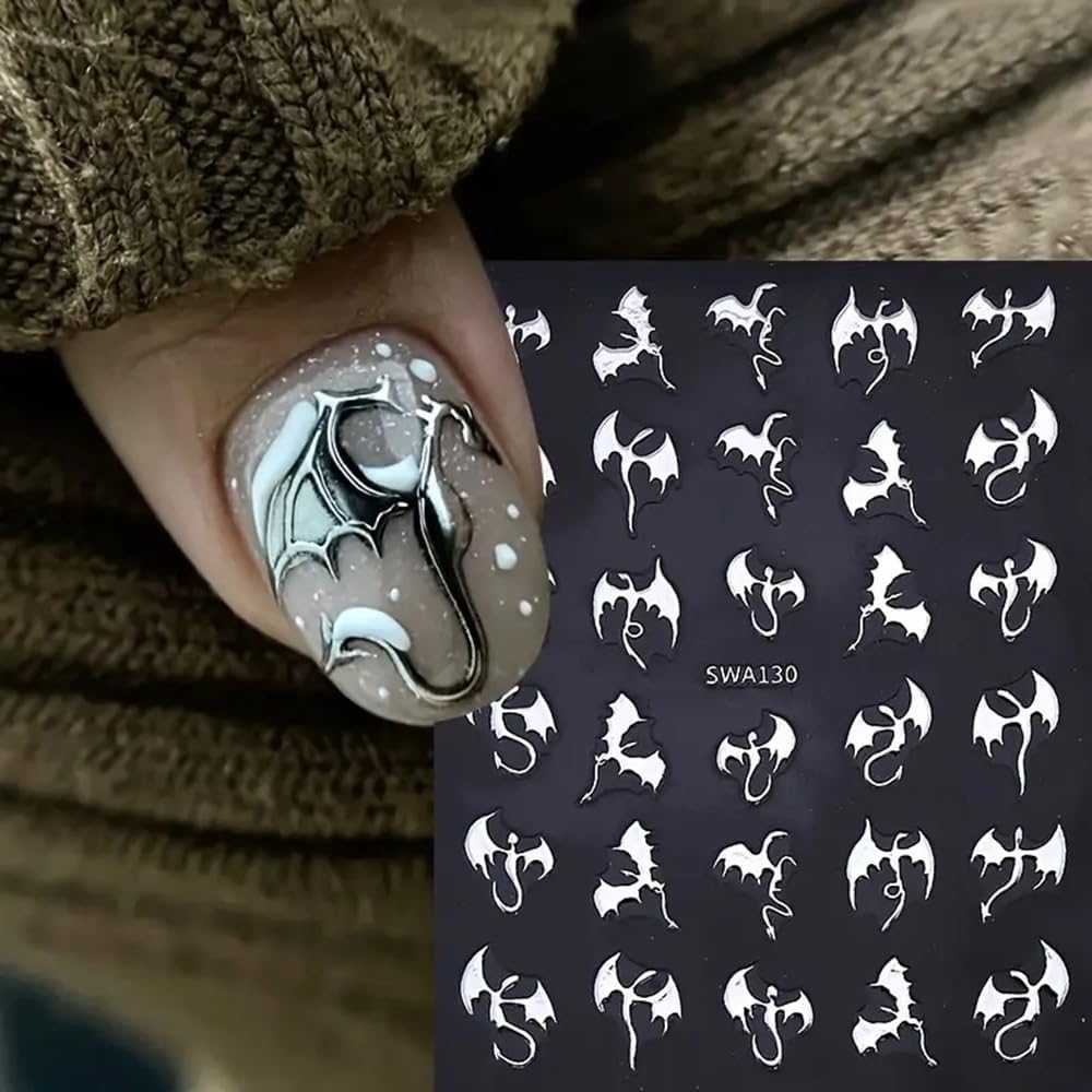 3 Pcs Metal Dragon Element Nail Stickers, 3D Self-Adhesive Golden and Silvery Laser Holographic Y2k Dragon Nail Art Decals,Glossy Texture Slider Nail Art Suitable for Women and Nail Decoration