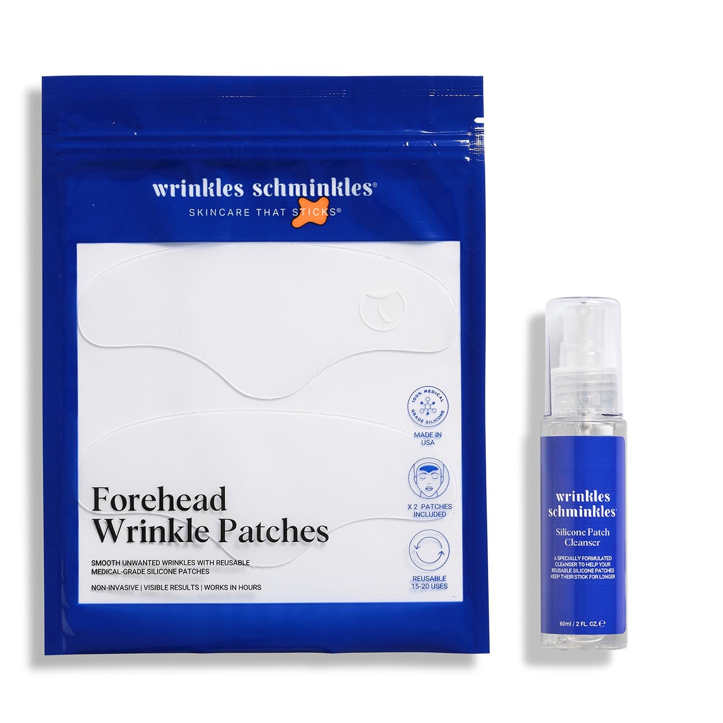 Wrinkles Schminkles Forehead Wrinkle Patches, 2-Pack, Reusable Hypoallergenic Silicone Smoothing Pads + Silicone Patch Cleanser 2 oz, Clean Silicone Patches Without Breaking Down The Adhesive