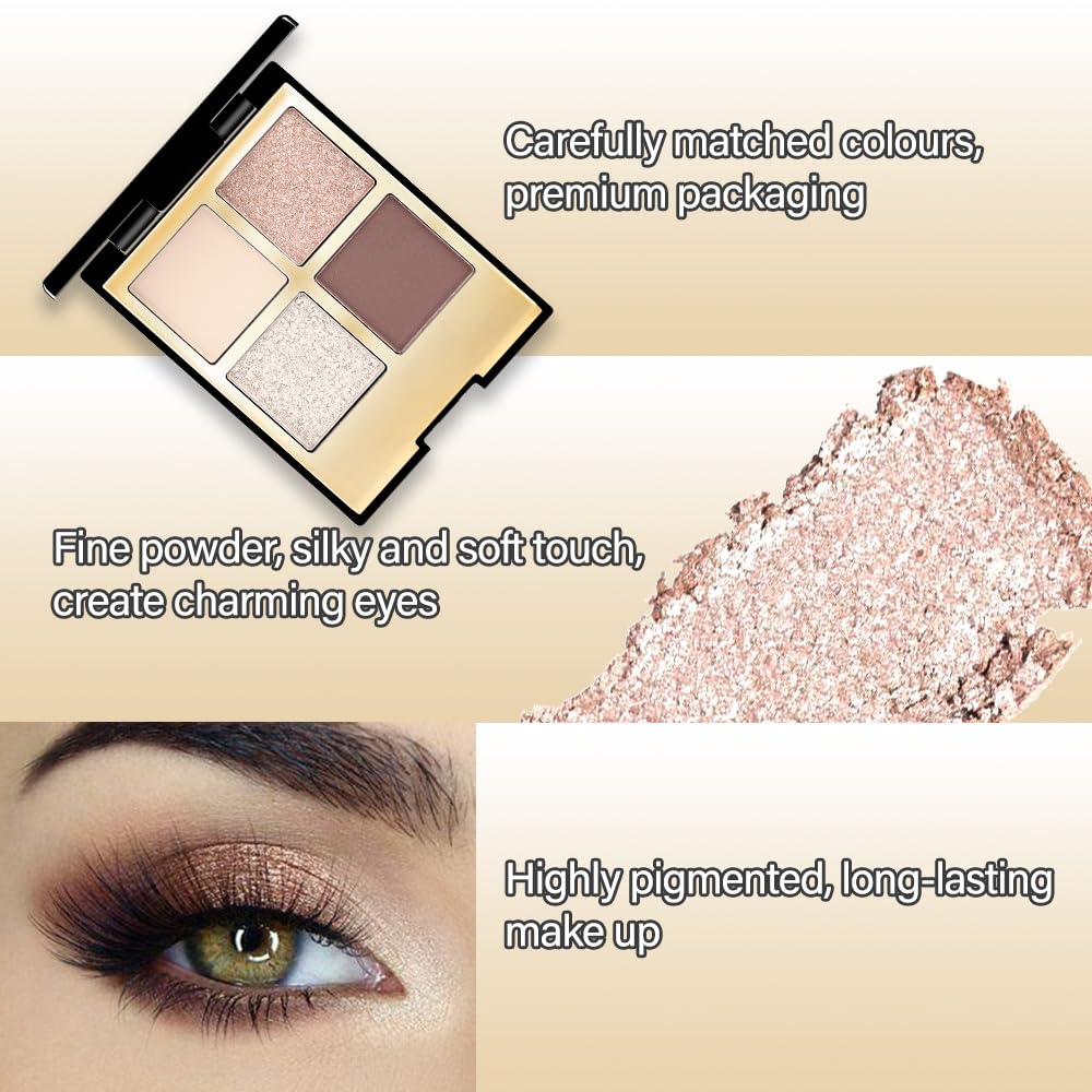4 Colors Eyeshadow Makeup Palette,Nude Rose Gold Brown Natural Neutral Nude Eye Shadow Palette with Mirror,Long Lasting Naturing-Looking,Waterproof,Travel Size