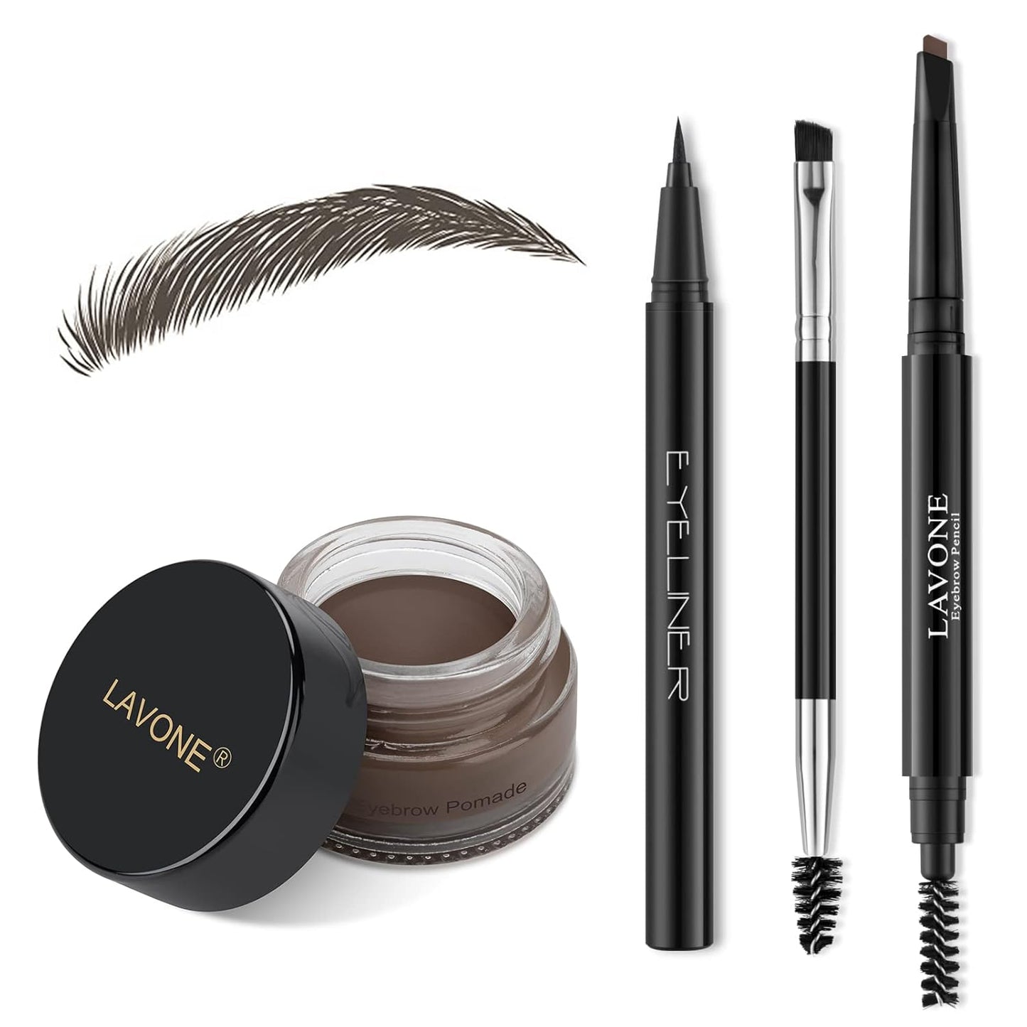 LAVONE Eyebrow Stamp Pencil Kit for Eyebrows, Makeup Brow Stamp Trio Kit with Waterproof Eyebrow Pencil, Eyeliner, Eyebrow Pomade, and Dual-ended Eyebrow Brush - Black Brown