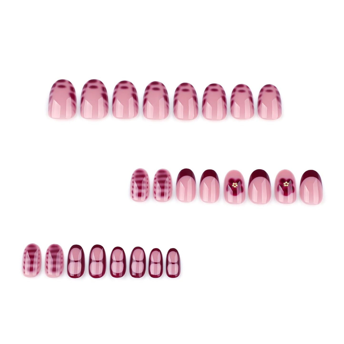 Red Press On Nails Short Oval, Summer Fall Fake Nails with Red French Tips and Elegant Petal Accent Designs, Glossy Gel Finish Acrylic Nails, Thick Reusable Glue On Nails Kit for Women, 24 Pcs