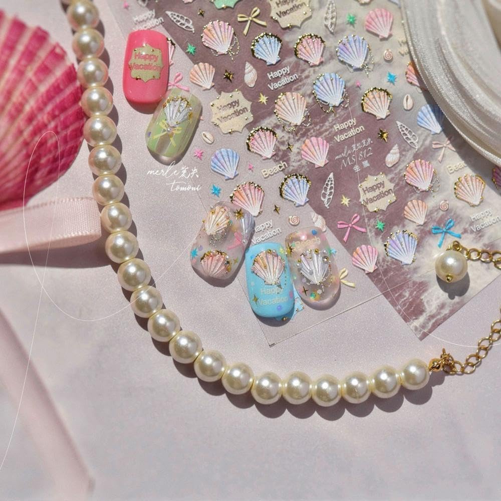 2 Sheets Summer Nail Stickers Colorful 3D Self-Adhesive Beach Conch Nail Decals 5D Embossed Ocean Nail Art Stickers Aurora Pearl Seashell Sticker Manicure Nails Accessories for Women DIY