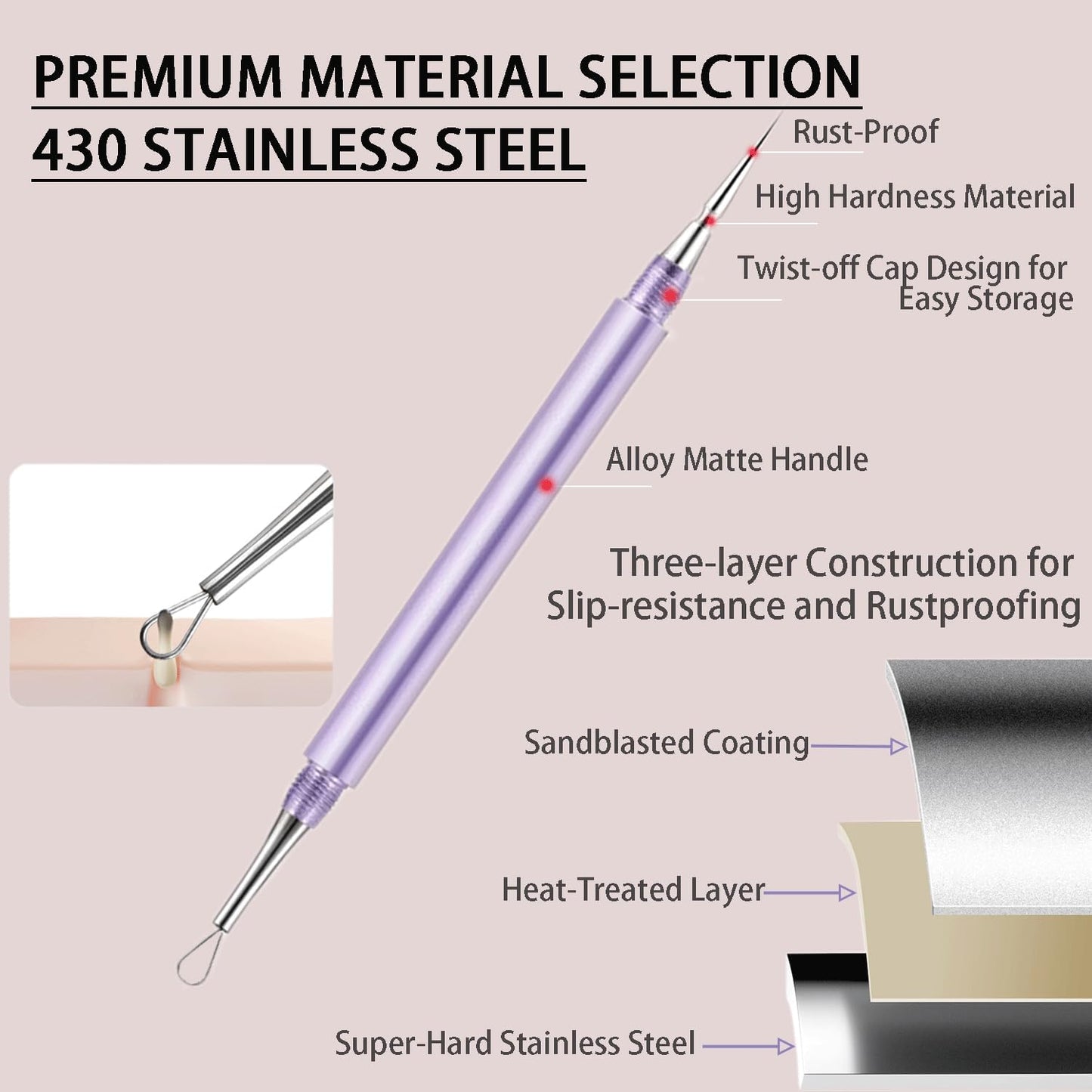 2-in-1 Professional Stainless Steel Acne Removal Needle, Whitehead&Blackhead Remover Tool, Pimples Comedone Extractor Removal Tool, Double Ended Needle with Cap Removal for Nose Face Tools(Rose Gold)