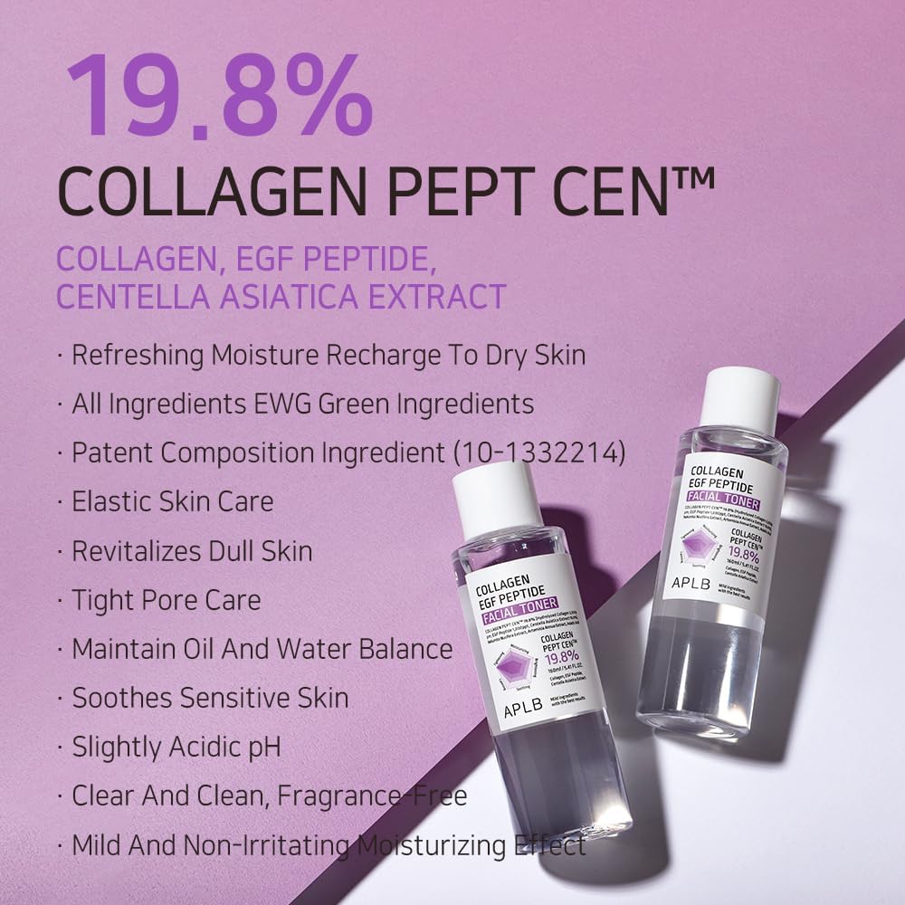 APLB Collagen EGF Peptide Facial Toner | Collagen PEPT CEN™ 19.8% 5.41 FL.OZ/Korean Skincare, Elasticity Care, Replenishing Moisture, Revitalize for Gentle and Improve Skin Texture