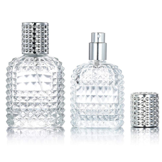 2 Pack 30ml 50ml Clear Empty Glass Spray Bottles，Refillable Empty Atomizer Perfume Bottles，Atomizer Spray Bottle With 4 kinds of perfume dispenser (50ml Silver cap and 30ml Silver cap)