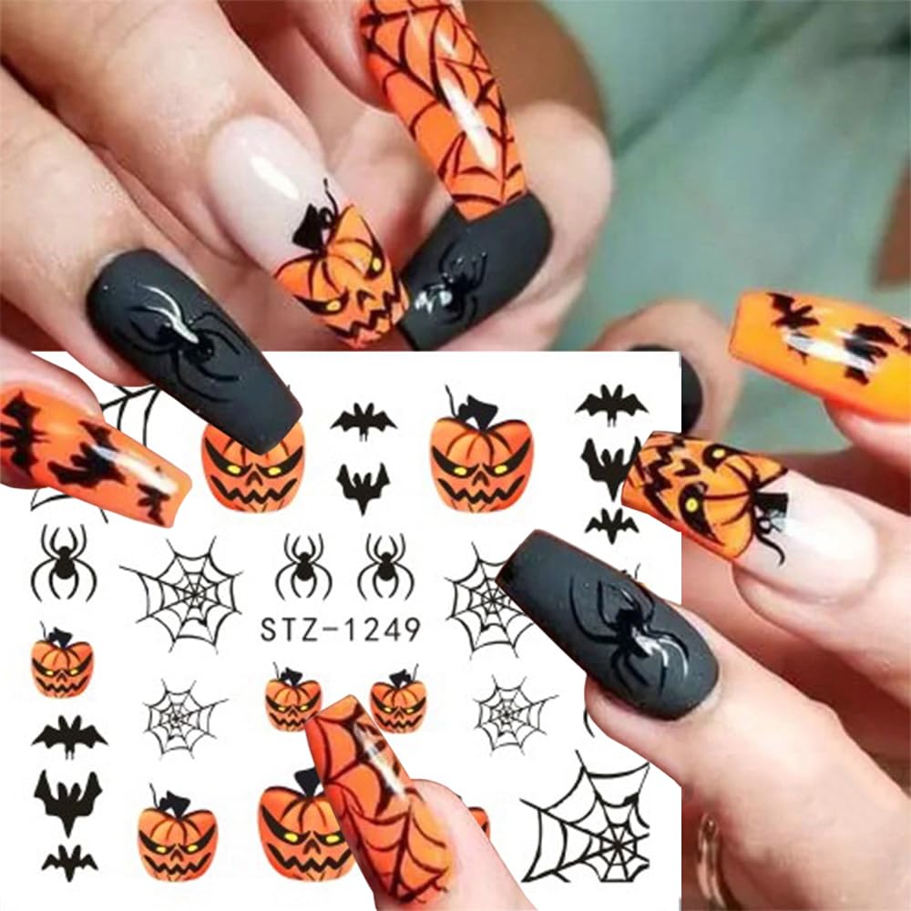 12 Sheets Halloween Nail Art Sticker Decals Horror Water Transfer Nails Foils Pumpkin Ghost Skull Spider Blood Evil Eye Halloween Design Nail Art Decoration Nail Slider Decal for Women DIY Nail Supply