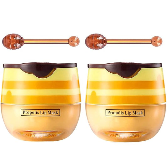 Bee Lip Balm Honey Pot, Strawberry & Honey Moisturizing Propolis Lip Mask, Hydrating & Prevention Dry and Cracked Lip Scrubs Exfoliator, Reduces Lip Lines (2Pcs Yellow)