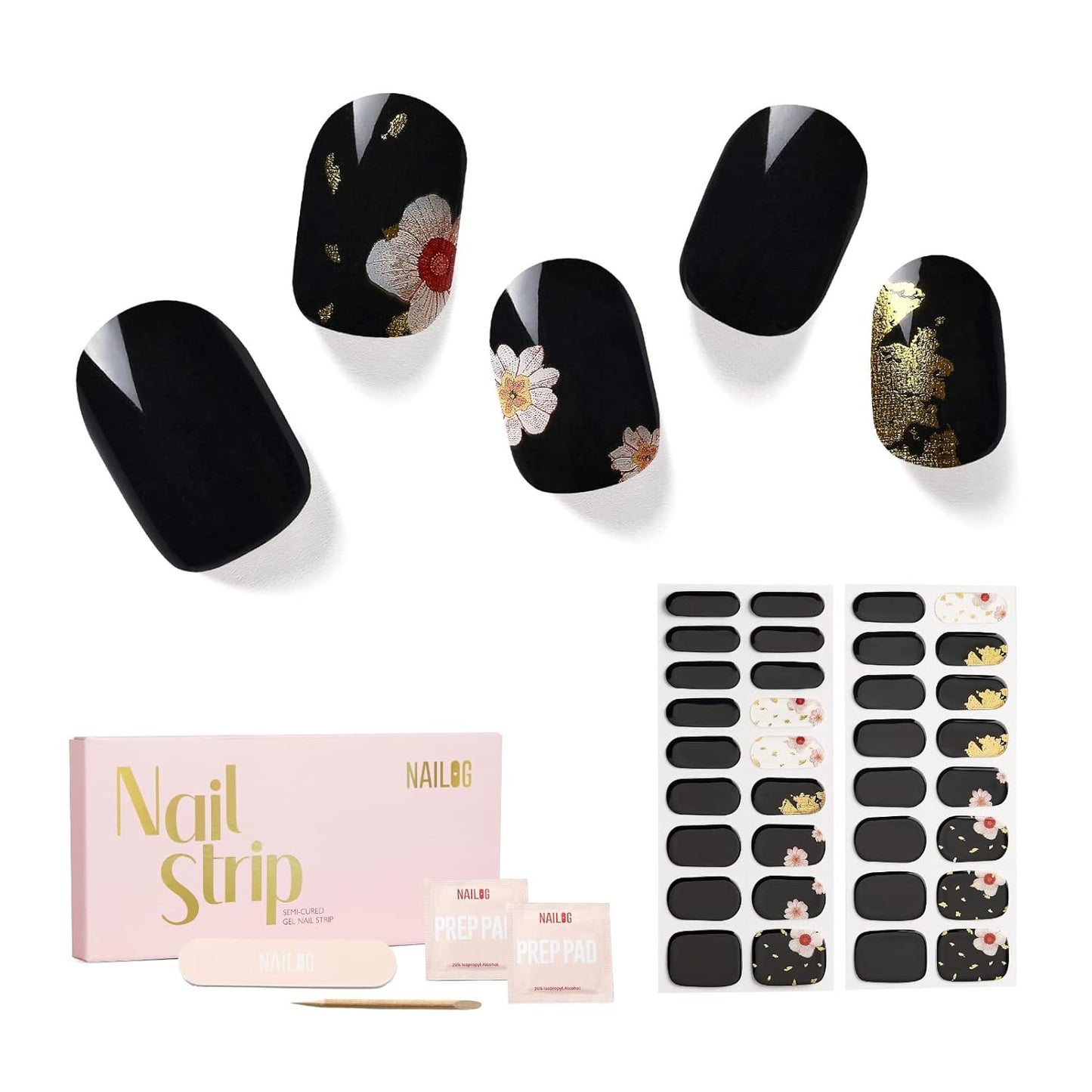 NAILOG Semi Cured Gel Nail Strips, 34 pcs Salon-Quality Gel Nail Stickers, Long Lasting Nail Wraps for Women with Soft Gel Finish | Geisha