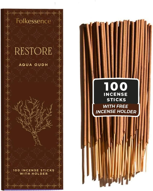 Folkulture Oud Incense Sticks | Set of 100 Insence-Sticks with Holder for Relaxation | Aqua Oudh Incense | Organic, Slow Burning & Non Toxic Inscents for Meditation | Oudh