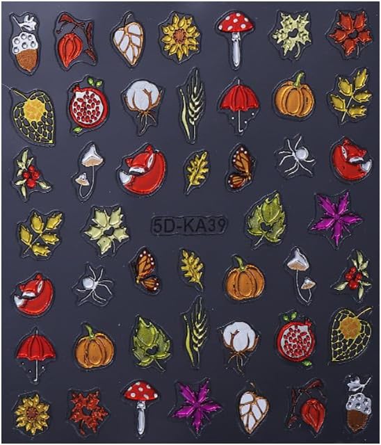 Fall Nails Stickers Autumn Leaves Nails Sticker 5D Embossed Maple Leaves Pumpkins Self Adhesive Sticker Nail Decals Colorful Thanksgiving Nail Art Decal Fall Decals for Nail DIY Manicure 1Sheet