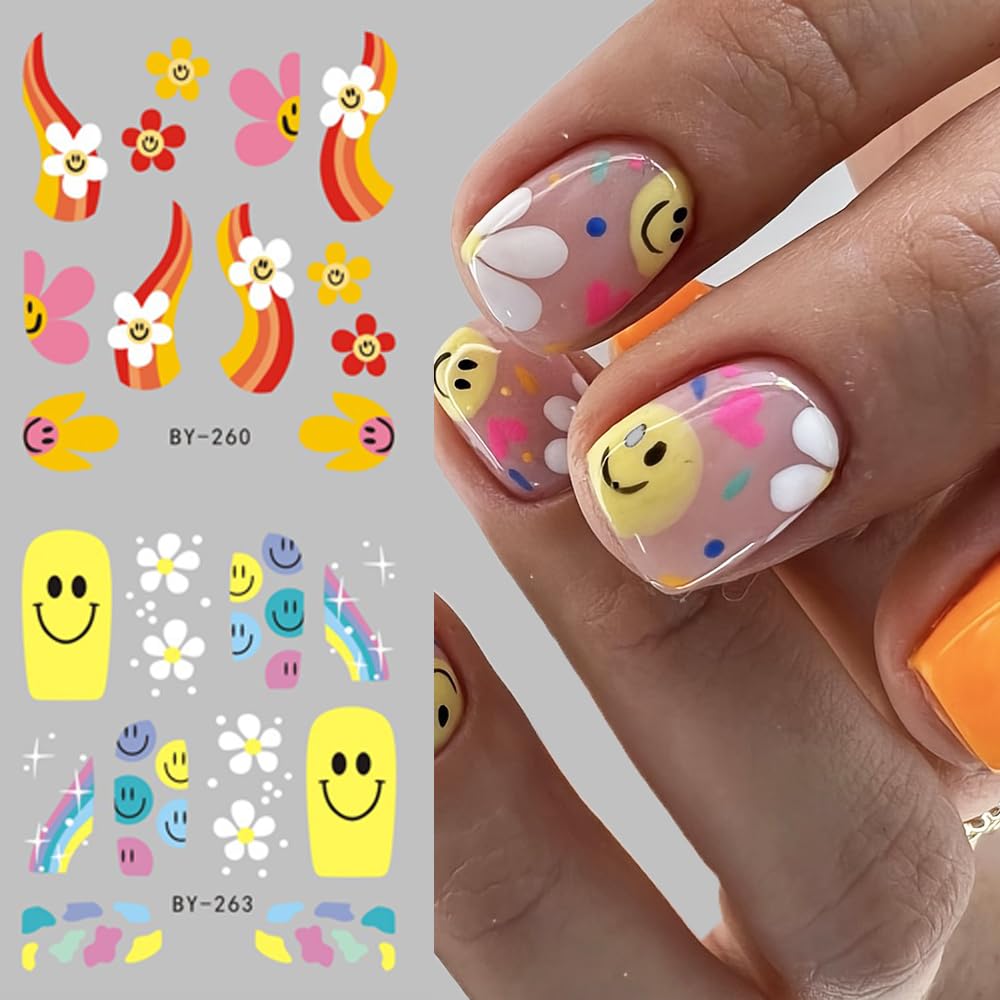 Abstract French Tips Nail Art Stickers Decals Colorful Sun Flower Smiling Nail Foils Sticker Water Transfer Nail Decals Rainbow Design Acrylic Nail Sticker for Nail Art Women Nail Decoration 12Pcs