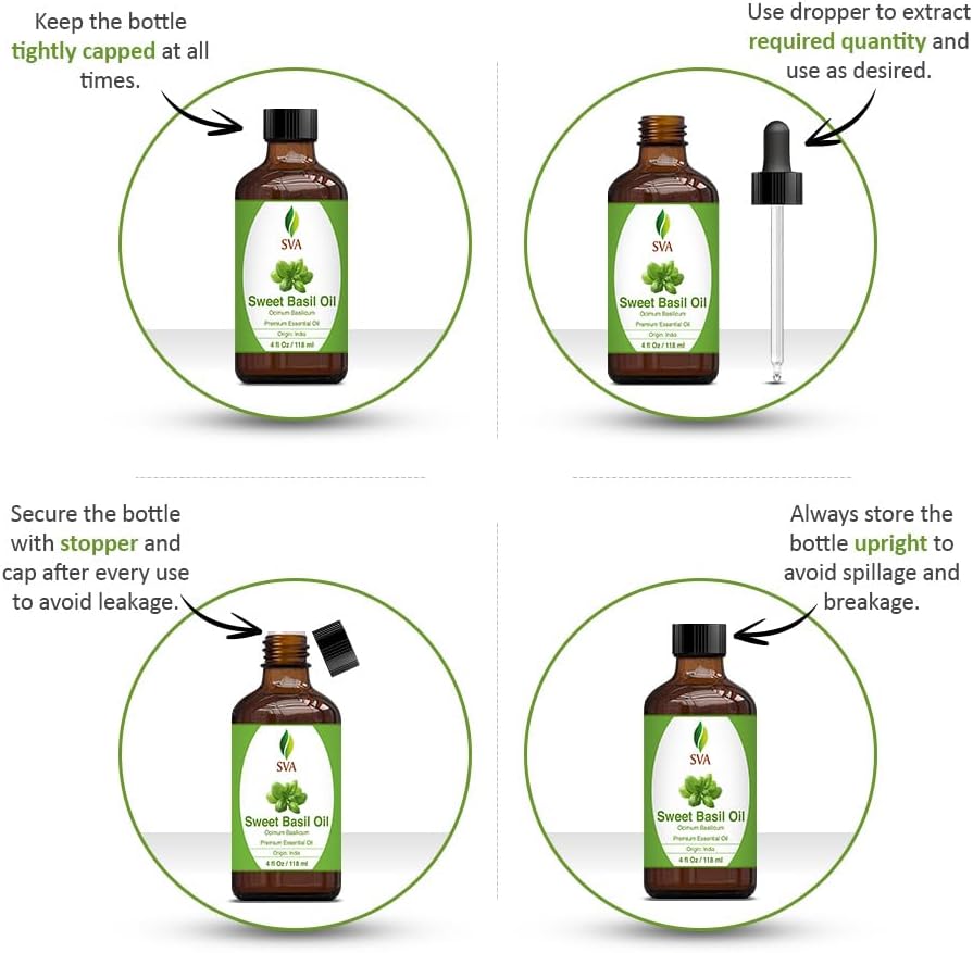 SVA Sweet Basil Essential Oil – 4 Fl Oz – 100% Natural Basil Oil - for Diffuser, Hair Care, Face, Skin Care, Aromatherapy, Scalp and Body Massage, Soap and Candle Making – with Dropper