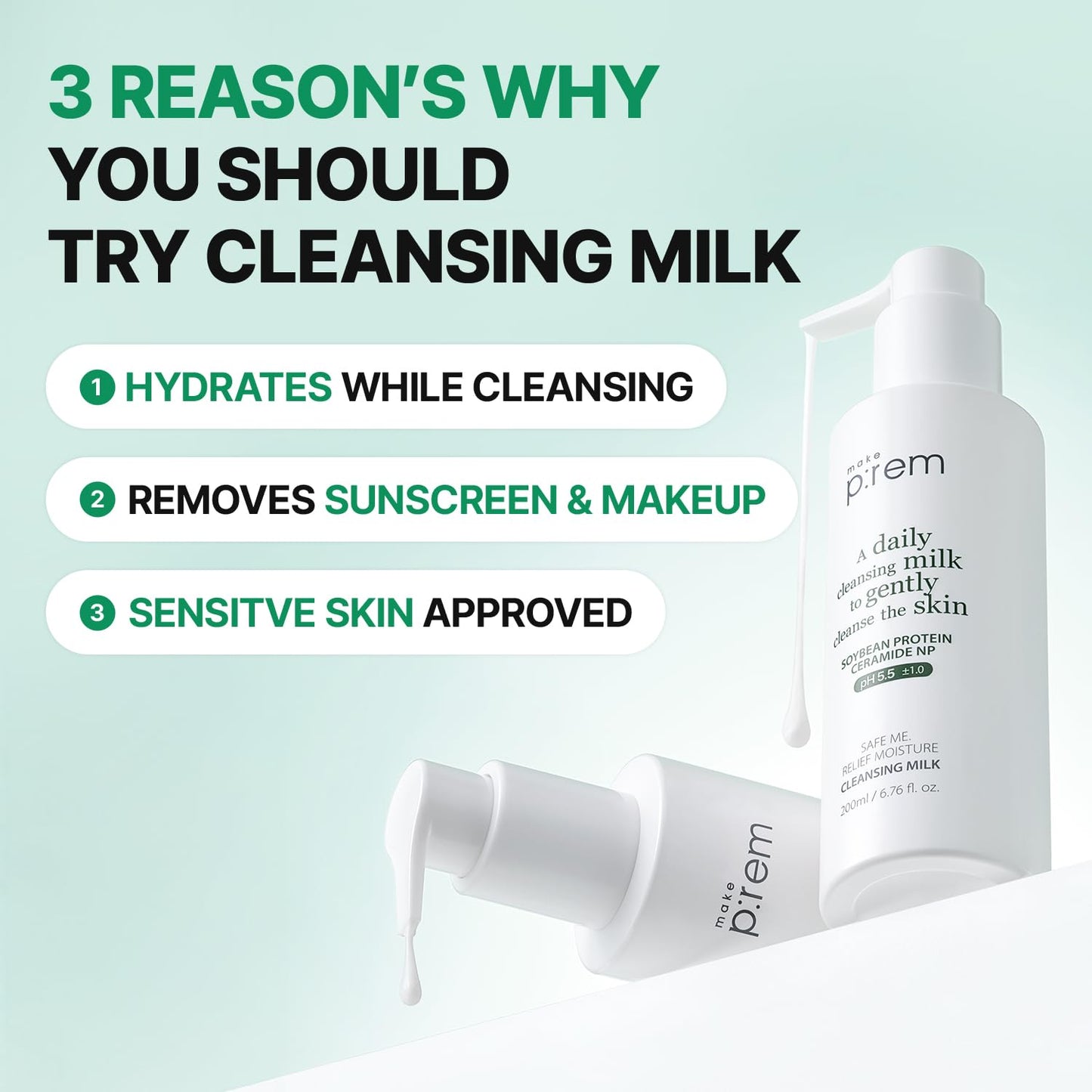 MAKE P:REM Safe Me. Relief Moisture Cleansing Milk, Hydrating Gentle Face Wash for Sensitive Skin with Soy Protein, Korean Milky Cleanser, Korean Skin Care, 6.76 Fl.Oz, 200ml