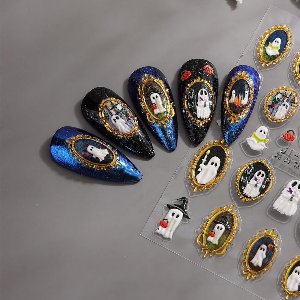 Halloween Nails Stickers White Ghost Nails Sticker 5D Embossed Cute Ghost with Gold Frame Self Adhesive Sticker Nail Decals Pumpkins Nail Art Decal Halloween Decals for Nail DIY Manicure 1Sheet