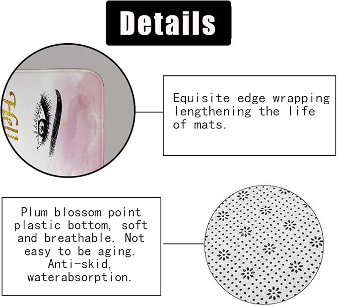 4PCS Hello Gorgeous Eyelash Shower Curtain Set, Gold Glitter Quotes Black Eyebrow Makeup Pink Marble Glam Modern Fashion Girly Women Bathroom Decor, Non-slip Bath Mat Toilet Rug, Charming Eyes
