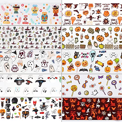 Halloween Series Transfer Stickers Kawaii Nail Art Foils Tattoo Decals - Pumpkin, Ghost, Sugar Skull, Haunted House, Spider Web, Candy Wrap Design - Manicure Tips Decorations Supplies