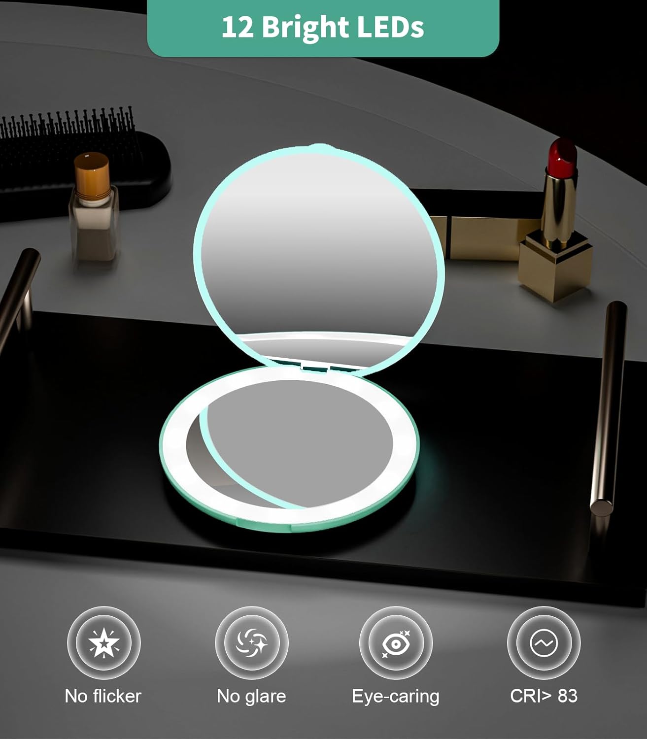 WOBSION Travel Compact Mirror,Portable 1x/10x LED Makeup Mirror with Magnification,Handheld 2-Sided Pocket Mirror, 3.5in Small Mirror for Purse,Handbag,Gift,Cyan&Pink,2 Pack