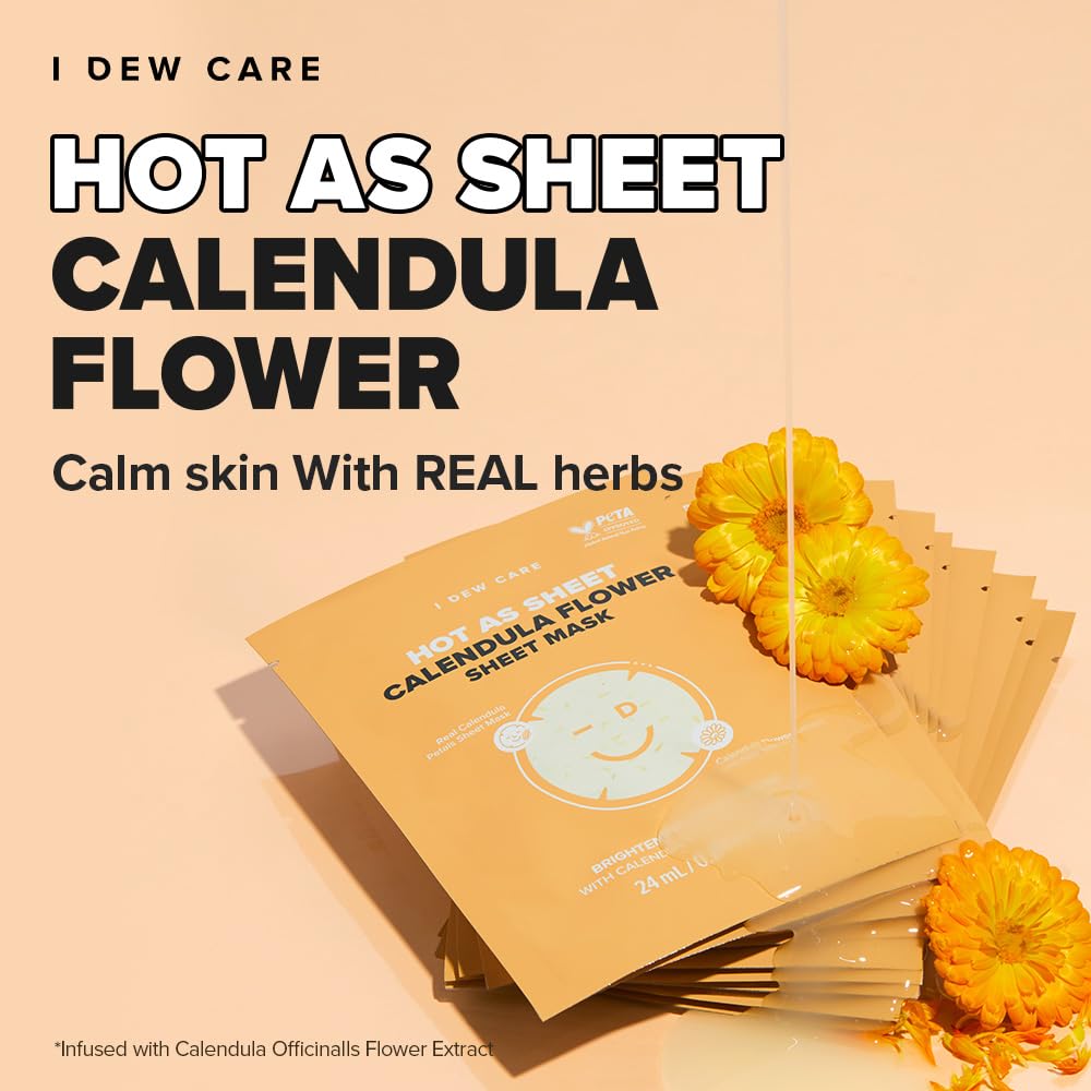 I DEW CARE Real Herb Calendula Sheet Face Mask - Hot As Sheet | Korean Face Masks Skincare, Moisturizing and Calming for Dry Skin with Calendula Flower Extract, 2% Niacinamide, 10EA
