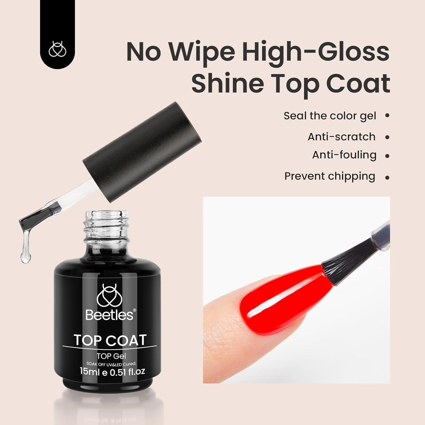 Beetles Gel Top Coat - 15ml No Wipe Top Coat High Gloss Shiny and Long-Lasting Soak Off LED Nail Lamp for Gel Polish