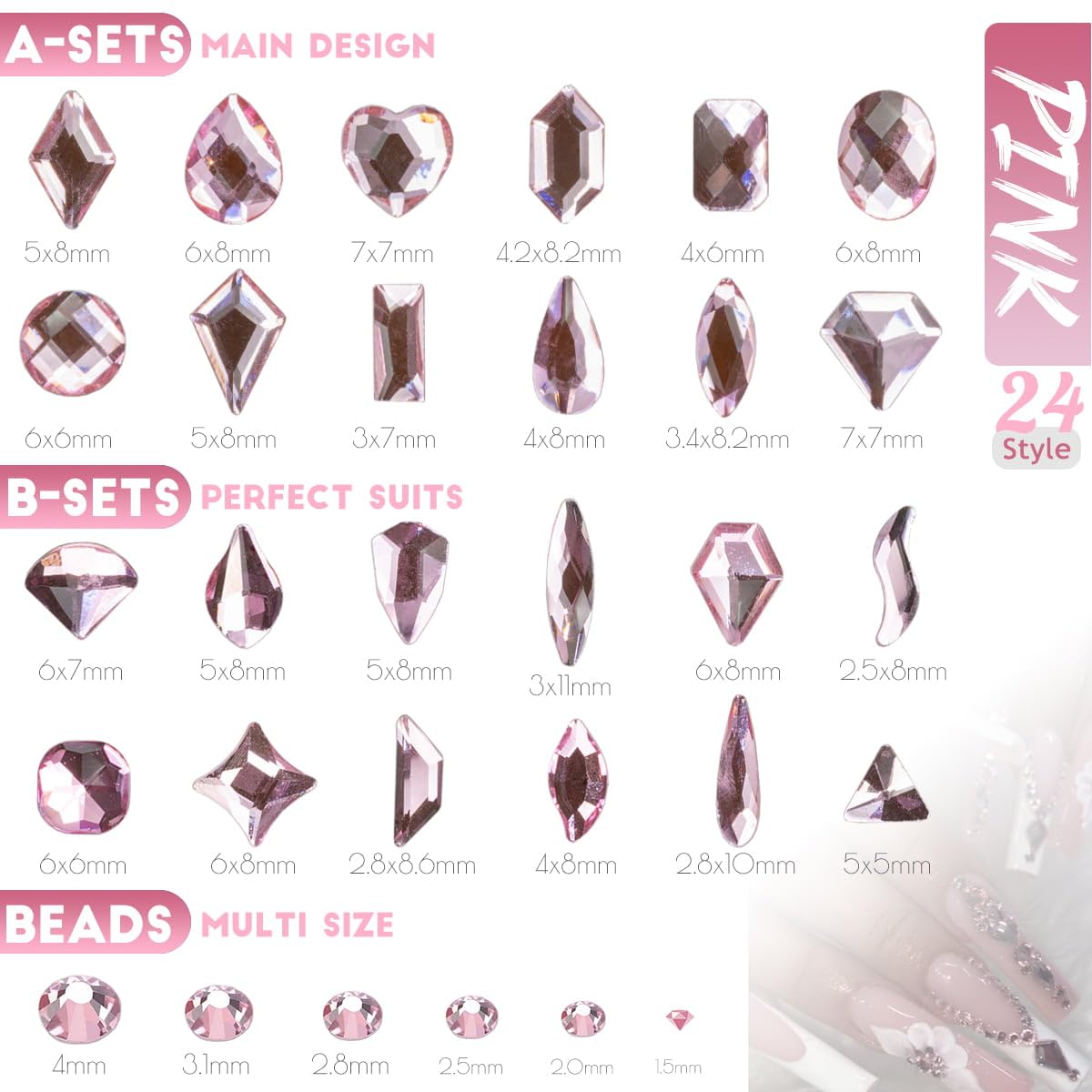 4 Boxes Light Pink Nail Rhinestones and Glitters 24 Shapes K9 Glass Gems Diamonds Flatback Round Stones Crystals Nail Art Charms for Nails Face Eyes Makeup DIY Crafts Tumblers Bottles Clothes