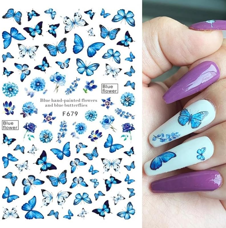 Butterfly Nail Art Stickers Decals 3D Butterfly Self Adhesive Nail Design Stickers Pink Blue Purple Butterflies Leaf Nail Decals for Women Girls DIY Butterfly Nail Stickers Decoration Supply 6 Sheets