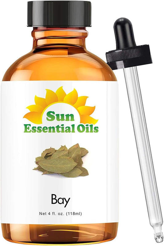 Sun Essential Oils – 4 oz Bay Essential Oil with Dropper for Diffuser, Massage Therapy, Scalp Care, Aromatherapy, Fresh Scent for Candle, Lotion & Shampoo Making, Room Fragrance