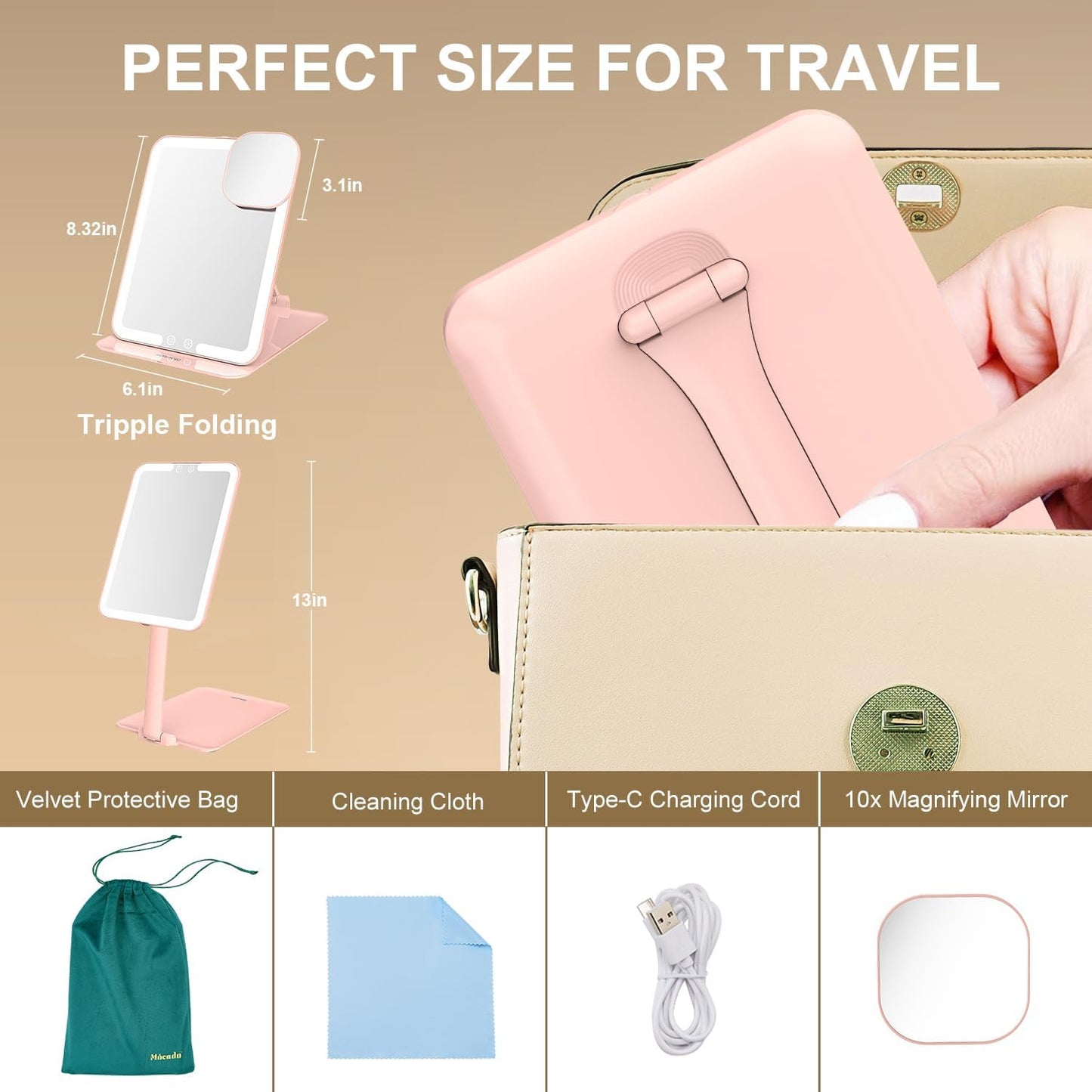 Mocado Travel Makeup Mirror with Light, Tripple Folding Vanity Mirror with Lights, 3 Colors Lighted Makeup Mirror, 1500mAh Rechargeable, Memory Function, Freely Adjust Height and Angle(Pink)
