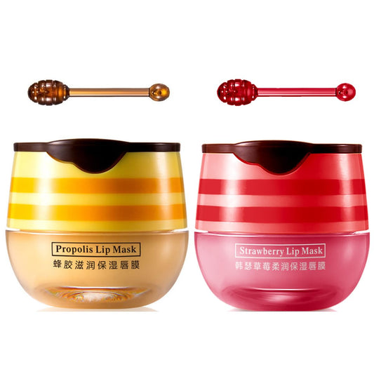 2 Pcs Lip Balm Honey Pot,Honey & Strawberry Lip Mask Propolis Moisturizing Lip Balm with Stick,Prevention Dry and Cracked Lip Scrubs,Exfoliator Lip Wrinkle Skin Care Products