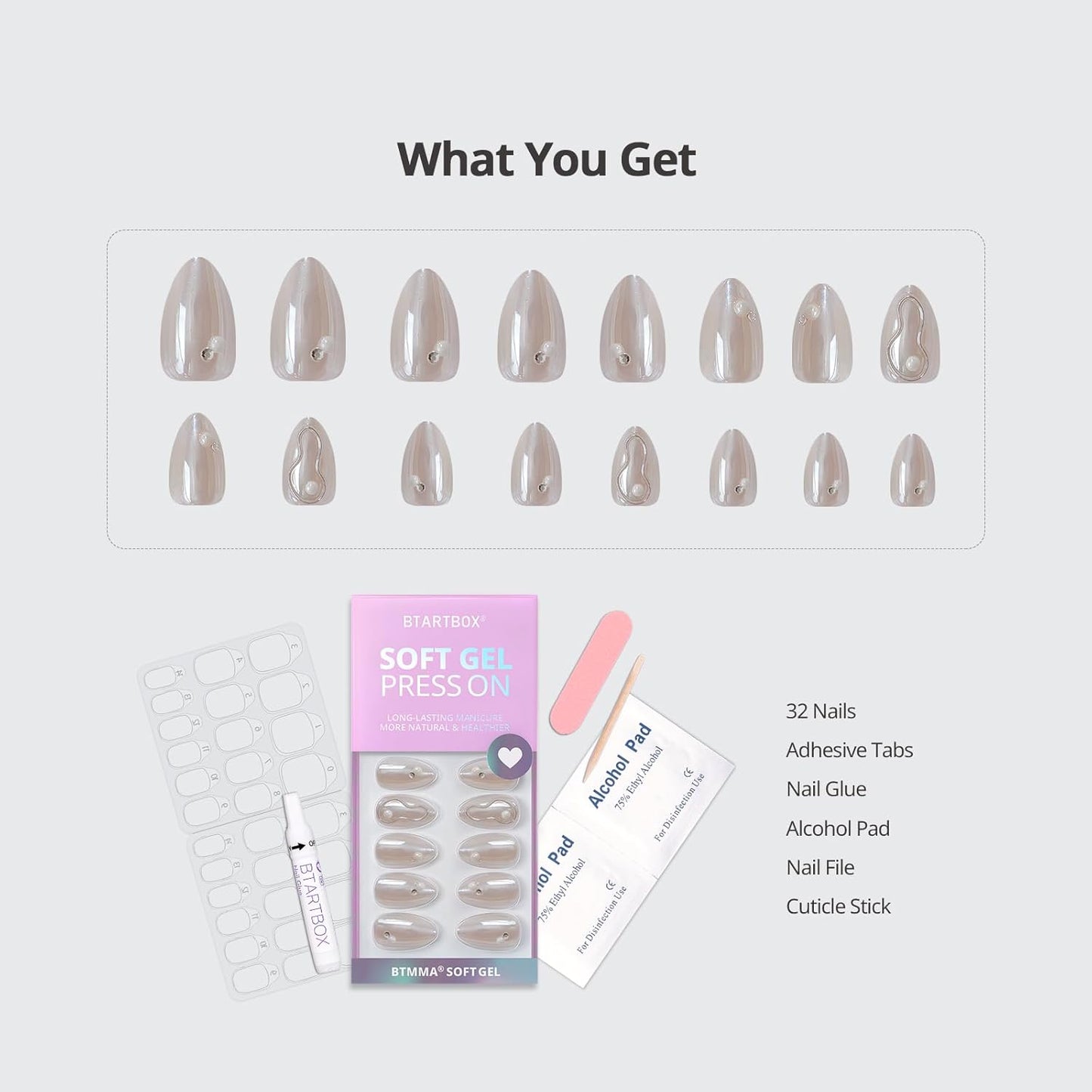 BTArtbox Press On Nails Short - Pearl Accents Chrome Almond Press On Nails with Glue for Women, Opaque Soft Gel Glue On Nails in 16 Sizes - 32 Stick On Nails Kit, Tidal Pearl