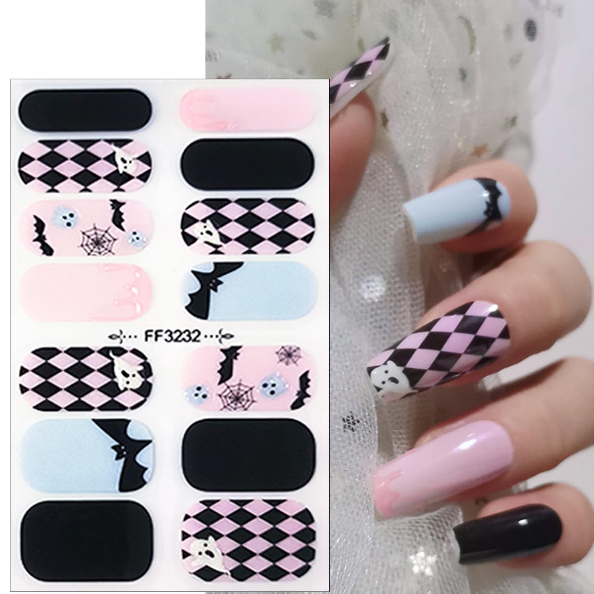 Halloween Gel Nail Stickers for Nail Art 3D Halloween Ghost Nail Art Stickers Cute Full Nail Wraps Stickers Halloween Nail Polish Stickers Spider Bat Moon Star Gel Nail Strips Decals for Women Girls