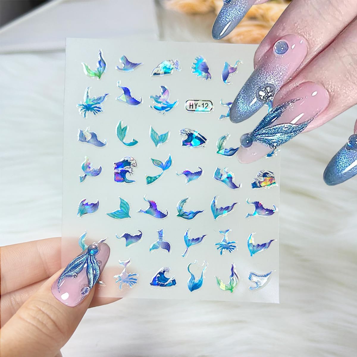 12Pcs Ocean Nail Art Stickers 3D Self Adhesive Summer Nail Stickers Holographic Colorful Shell Starfish Nail Decals Hippocampus Jellyfish Mermaid Cute Nail Art Design Decor Marine Life Nail Supplies