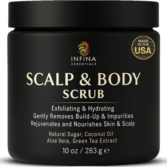 Scalp and Body Scrub – Exfoliating Sugar Cleanser with Coconut Oil, Menthol & Aloe – Dual-Use Polisher for Dry Skin & Flaky Scalp – Soothing, Cooling & Hydrating - INFINA ESSENTIALS | 8.45 fl oz