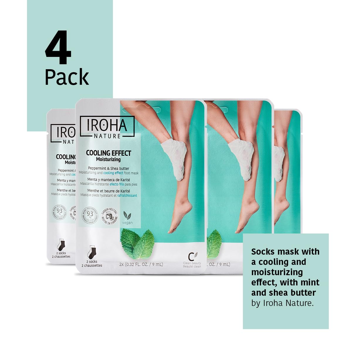 IROHA NATURE Relaxing Foot Mask Socks | 4 Pairs | Peppermint & Shea Butter | Intensive Treatment for Tired Feet | Cooling Effect | Natural & 100% Vegan | Moisturizing Foot Mask