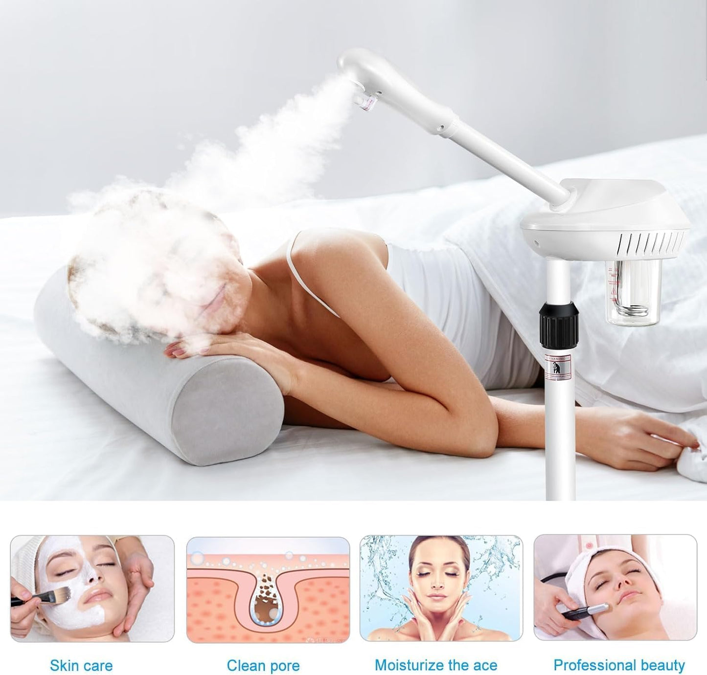 Professional Facial Steamer on Wheels, Esthetician Steamer with Hot Ozone Mist, Stand Face Steamer for Facial Deep Cleaning, Steamer for Facial for Personal Care or Spa, White