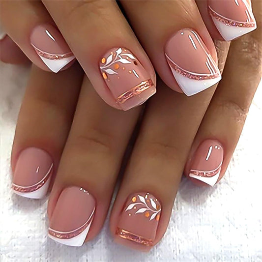 French Press On Nails Short Square, Nude Fake Nails with White French Tip and Minimalist Purple and Gold Line Design, Glossy Gel Finish Acrylic Nails, Natural Reusable Glue On Nails Kit for Women