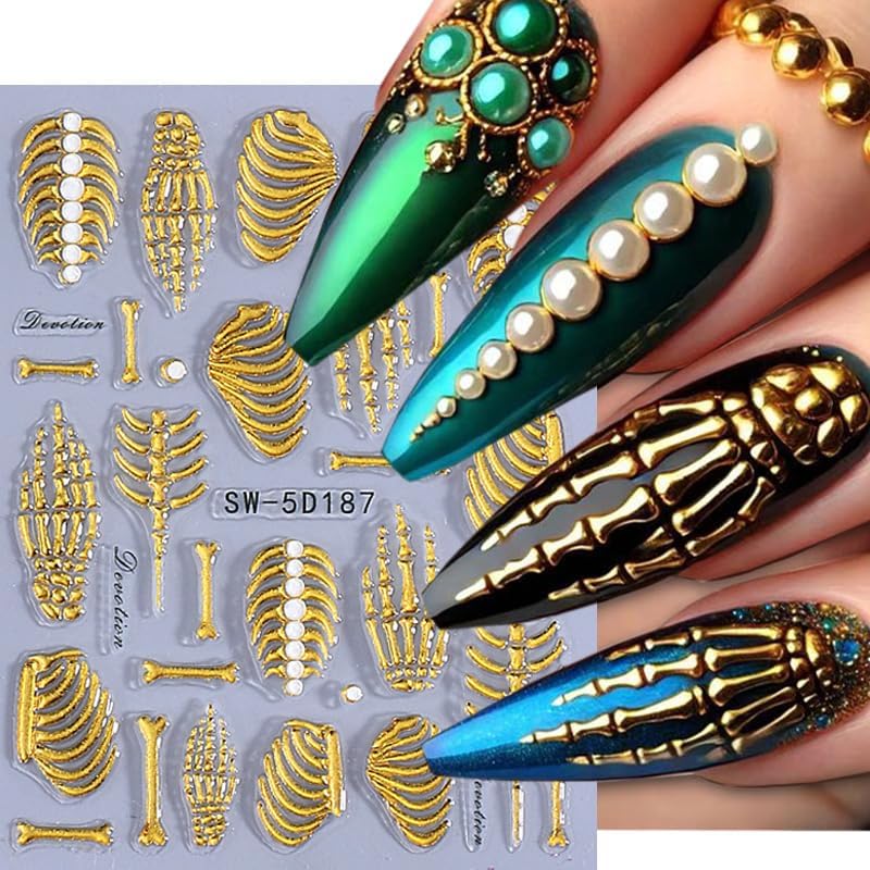 3 Sheets Halloween Nail Stickers for Nail Art 5D Embossed Skull Nail Art Stickers White Rose Gold Skull Gothic Designs Skeleton Nail Decals Halloween Horror Nail Supplies for Women Acrylic Nails DIY