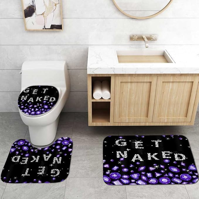 4PCS Luxury Purple Diamond Shower Curtain Set, Bling Rhinestone Gem Crystal Jewelry Teenage Girls Women Bathroom Decor, Waterproof Fabric Black Shower Curtain, Non-Slip Bath Mat Bathroom Rugs