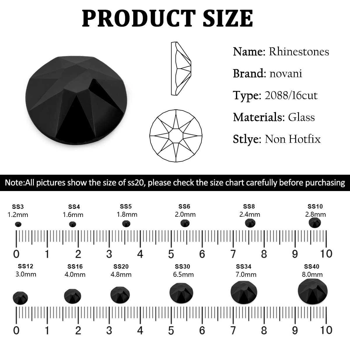 Novani Black Rhinestones 1440pcs Flat Back Round Rhinestone Style 2088 Sparkly Crystal Gemstones for Nail Art and Crafting SS20,4.6-4.8mm