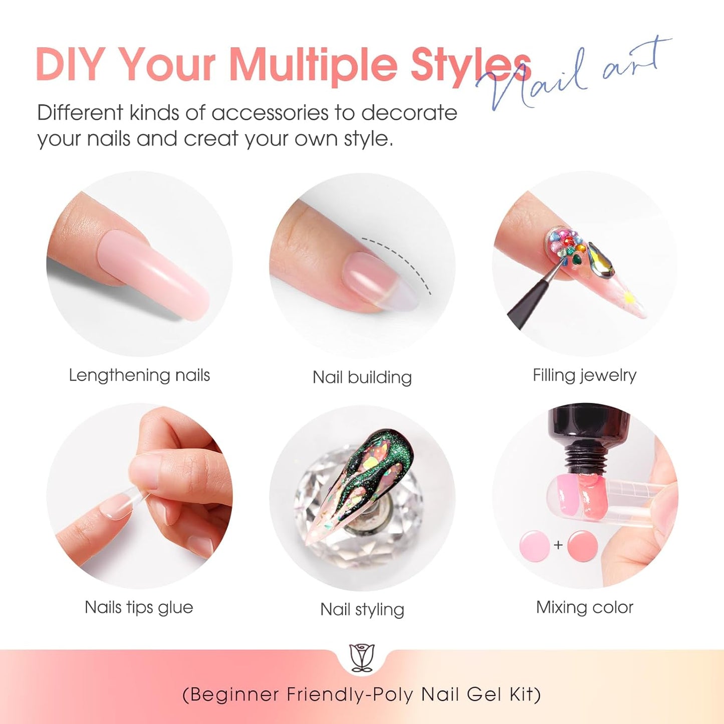 ROSALIND 28 Colors Poly Nail Gel Kit with Mini U V/LED Lamp White Nude Poly Nails Gel Kit Starter Kits With Slip Solution Pink Extensions Set for Nail Manicure Beginner