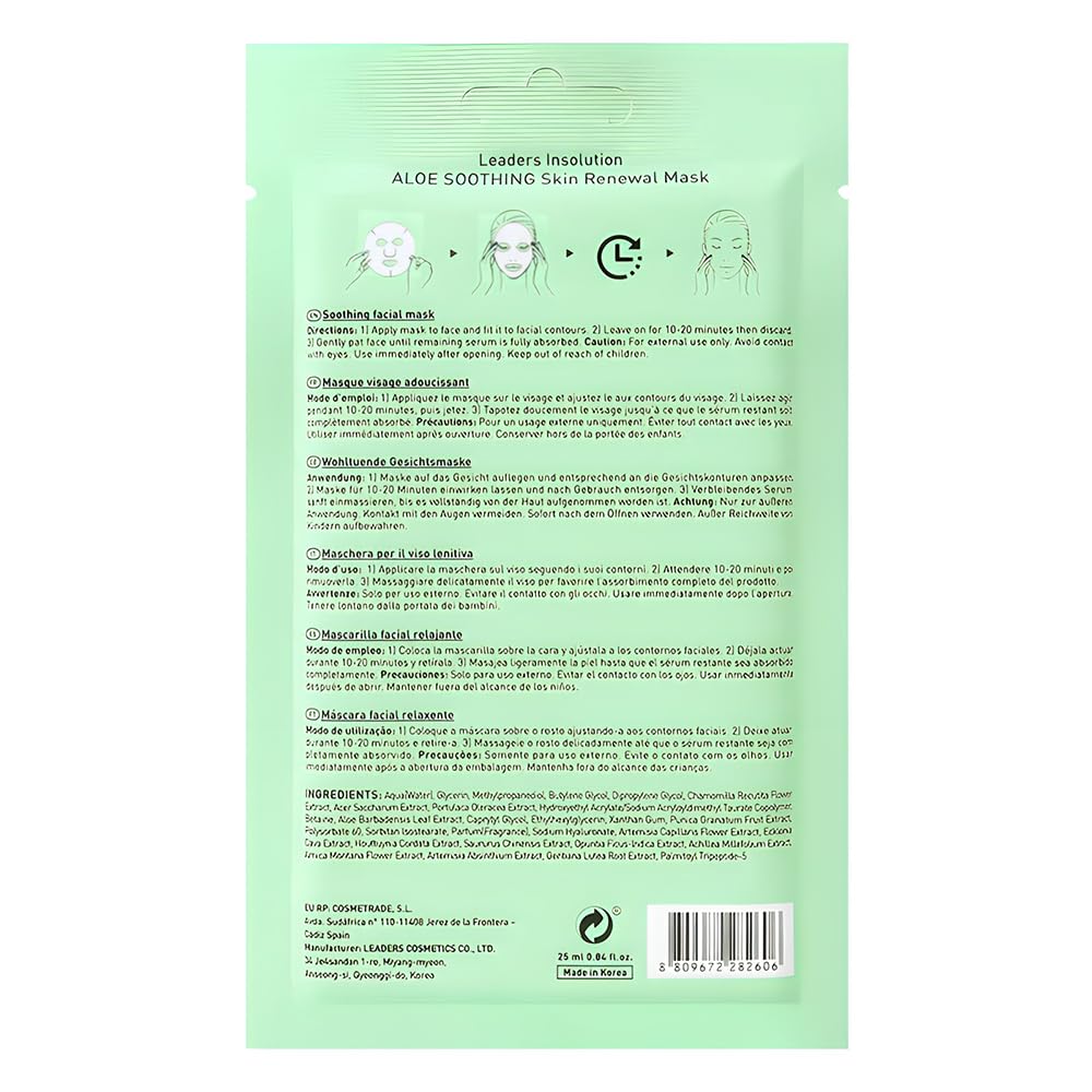 Leaders Insolution Aloe Soothing Skin Renewal Mask | Organic Aloe Leaf & Cactus Extract Hydrating Facial Treatment for Sensitive, Dry, Acne-Prone Skin | UV Repair & Hydration Boost (10 Sheets)
