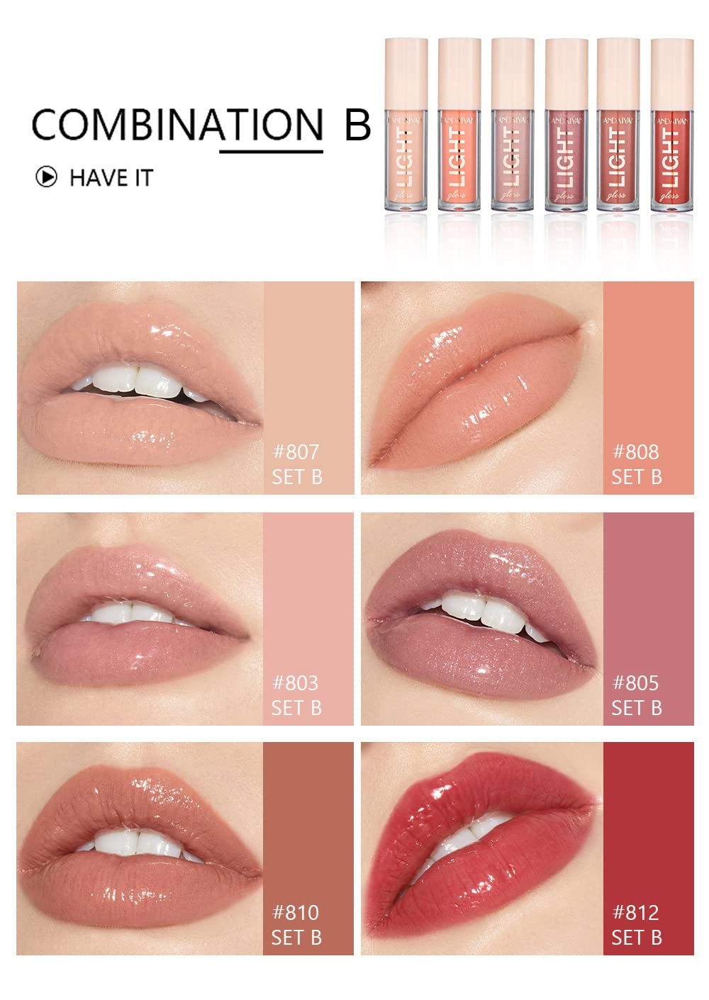 6PCS Lip Oil Light Lipgloss Set, Moisturizing Hydrating Lip Glow Oil Lip Gloss Kit High Shine Lip Plumping Glass Finish Lip Gloss Liquid Lipstick for Women (Set B)