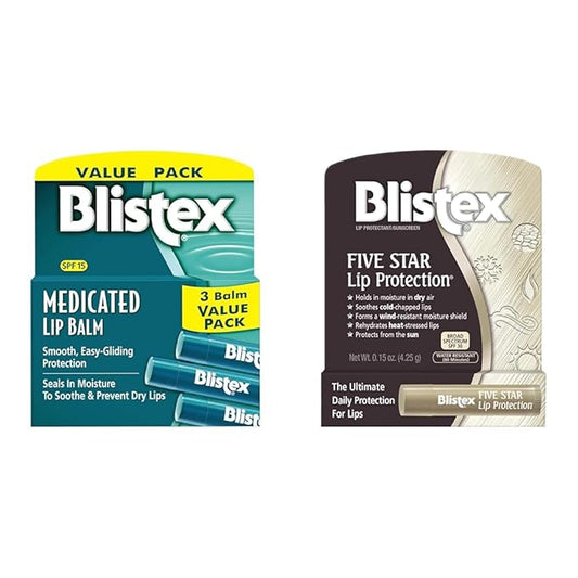 Blistex Medicated Lip Balm, 0.15 Ounce, 3 Count (Pack of 1) Prevent Dryness & Chapping, SPF 15 & Five Star Lip Protection Balm, 0.15 Ounce – Wind & Water-Resistant Lip Care