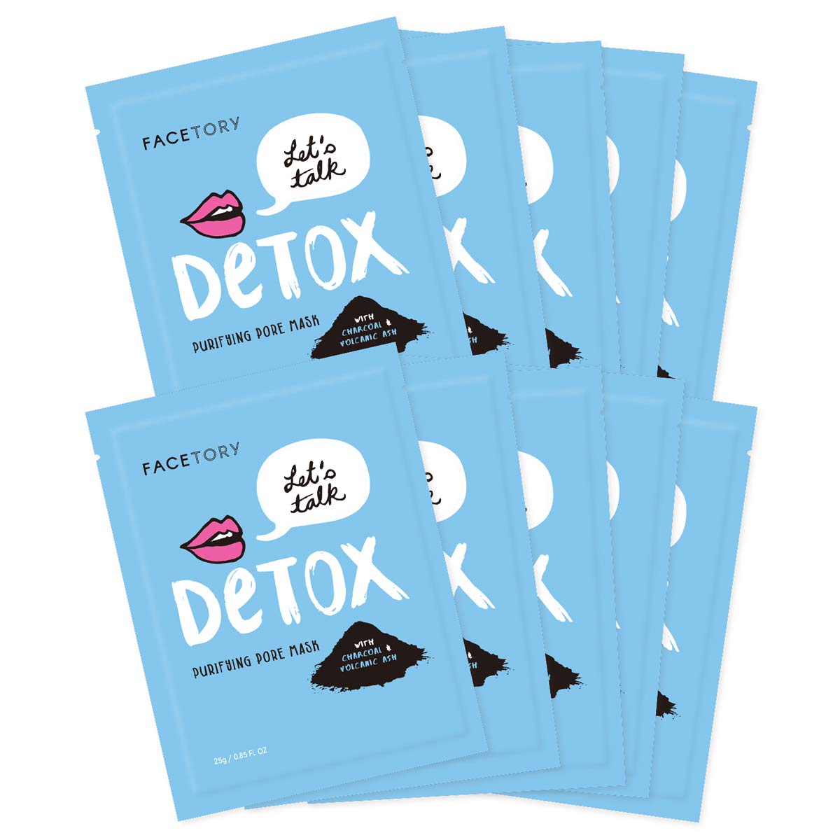 FACETORY K Beauty Face Mask Skin Care - LET'S TALK DETOX PURIFYING Sheet Mask with Charcoal & Volcanic Ash | Pore Refining Charcoal Face Mask (10 Pack)