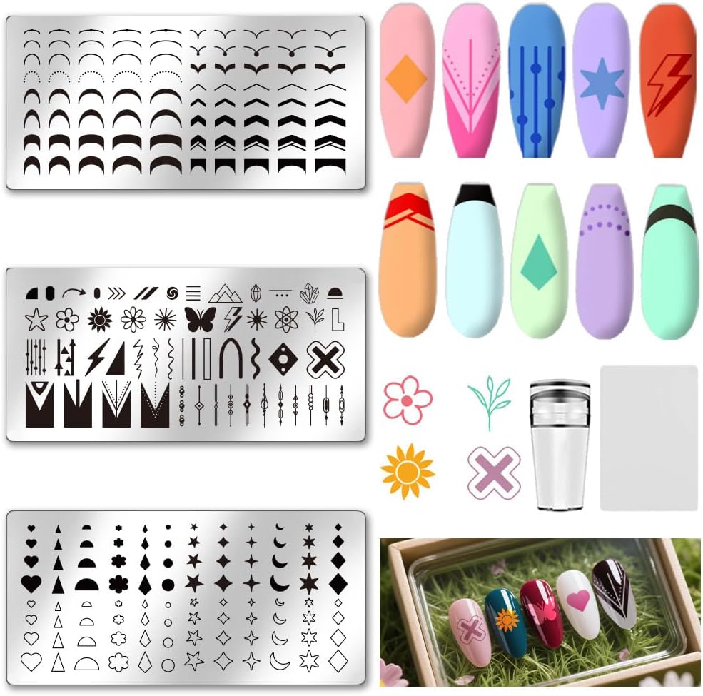 UNICRAFTALE 3Pcs Nail Stamp Plates Set French Nail Stamping Plate French Line Lace Flower Heart Design Image Nail Stencils Nail Art DIY Stamping Template with Nail Scraper for Women Nail Design Tools