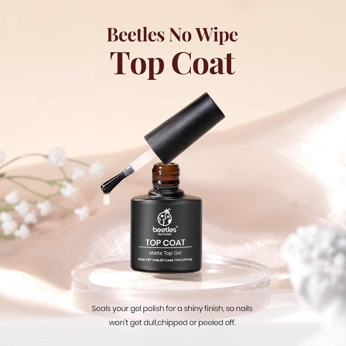 Beetles Matte Gel Top Coat for Gel Nail Polish, 7.5ML Chrome Proof Matte Top Coat No Wipe Powder-Resist Matte Finish for Detail Chrome Nail Powder Painting Long Lasting UV Nail Art