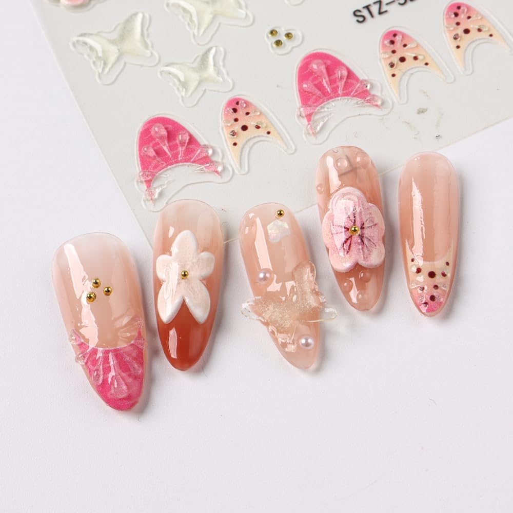 Stickers para Uñas Nail Stickers Self-Adhesive Sticker Gold Pink 3D Flower Embossed Calcomanías para Uñas Colorful Floral Art Design Accessories Hight Quality 3 Sheets