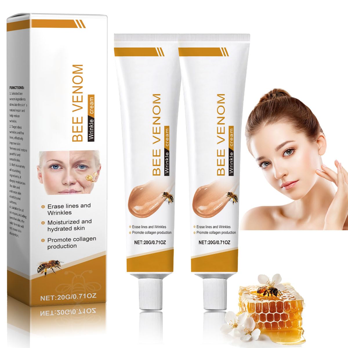 Bee Venom Moisturiser Cream Wrinkle Removal & Firming, Anti-Aging Eye&Face Bee Venom Skin Treatment Cream, Natural And Non-Irritating, Lifting & Recovery For All Skin Type (2 Packs, 20g)