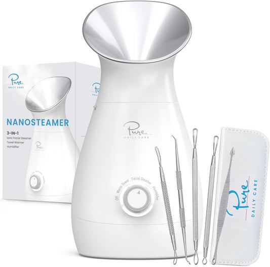 Pure Daily Care NanoSteamer Large 3-in-1 Nano Ionic Facial Steamer with Precise Temp Control - Humidifier - Unclogs Pores - Blackheads - Spa Quality - Bonus 5 Piece Stainless Steel Skin Kit (Silver)